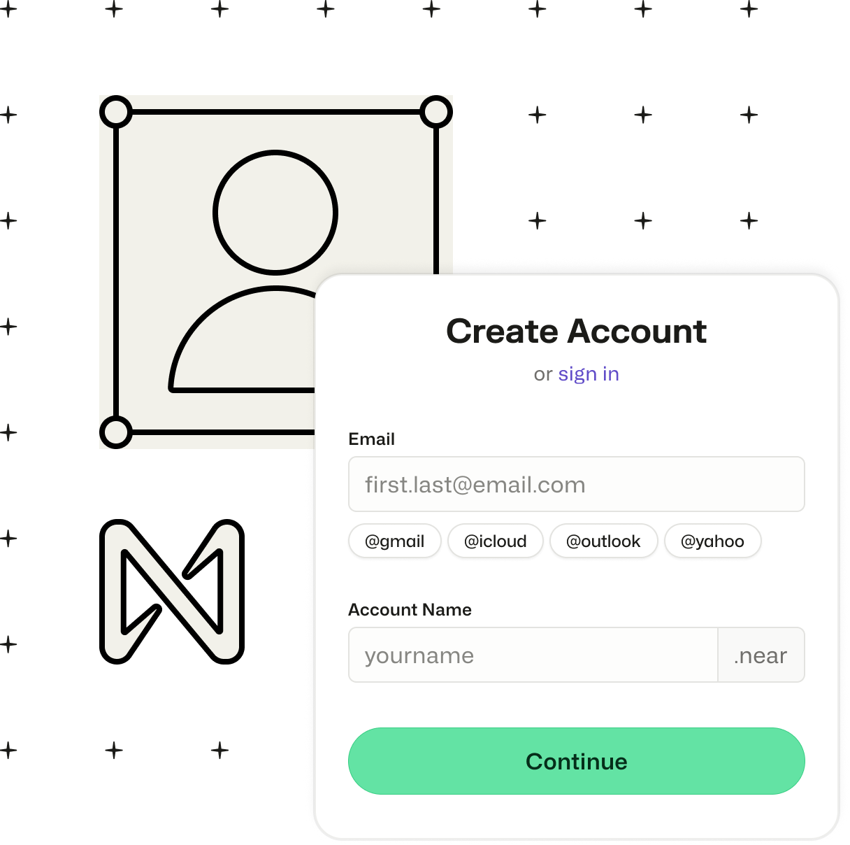 A line drawing of a user avatar and the NEAR logo set behind the Create Account screen from FastAuth