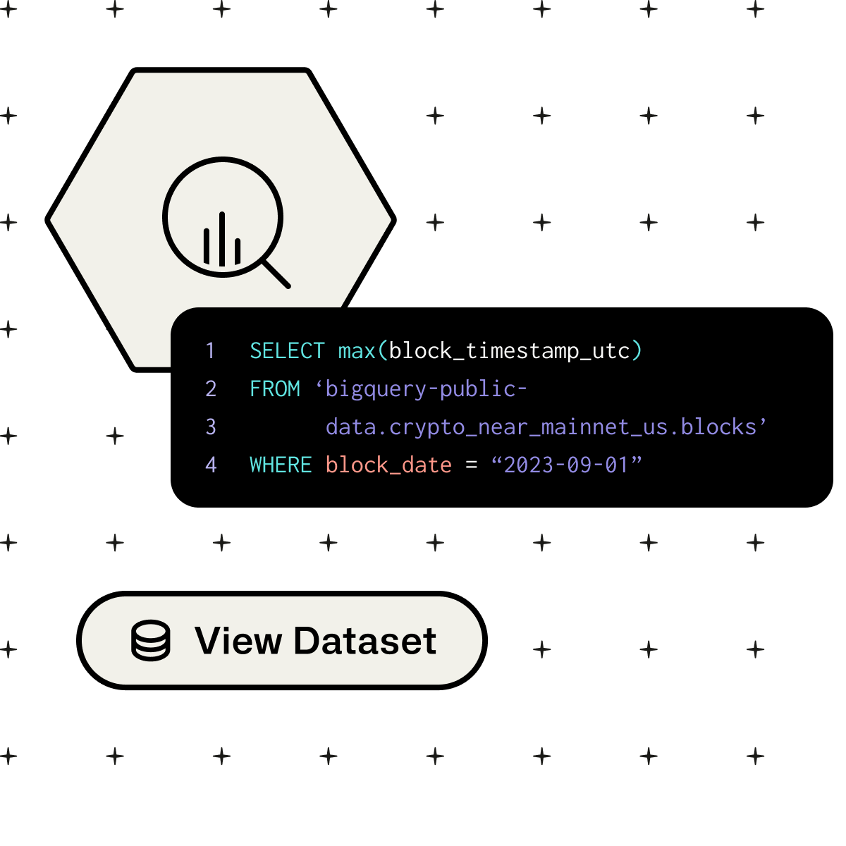 A line drawing of the BigQuery logo, a magnifying glass inside a hexagon with a bar graph inside the glass, set behind a console window with a code snippet