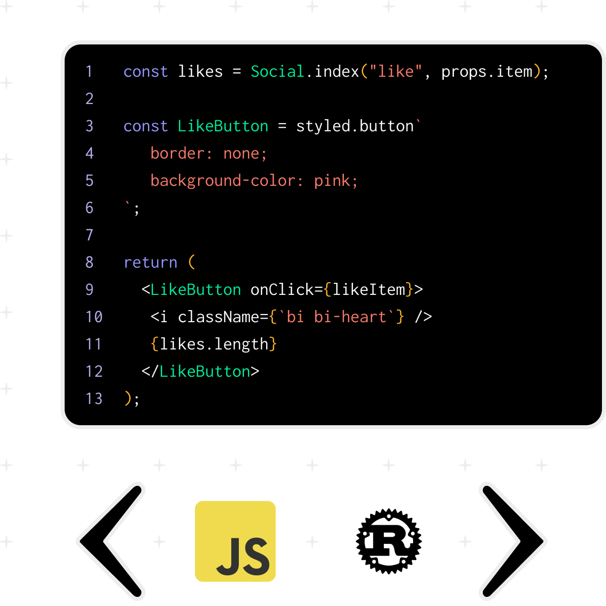 Illustration of a console with javascript code above the Javascript and Rust logos, surrounded by brackets