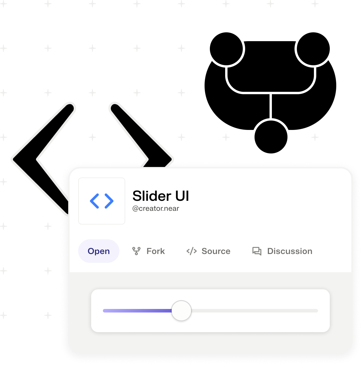 Illustration of the UI listing of an application with buttons to open, fork, view source, or discuss. Behind it there are images of code brackets and a git-fork icon. 
